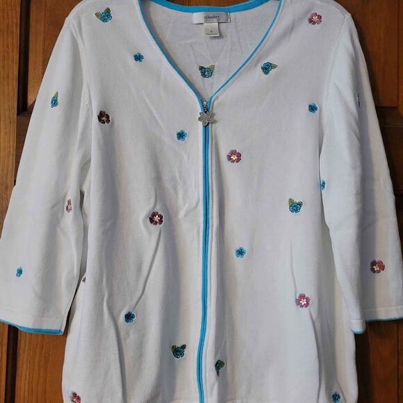 Women's Size X or 14 CJ Banks Cardigan Zip Up Sweater White Flowers 3/4 Sleeve - Picture 1 of 7